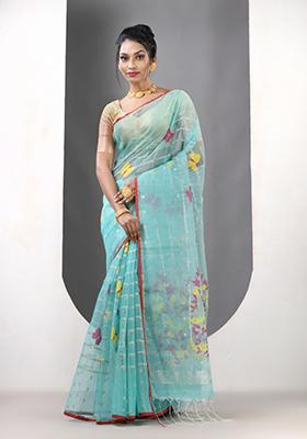 Sea Green Woven Muslin Saree Set