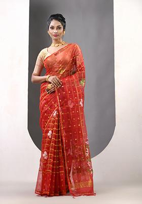 Red Woven Muslin Saree Set