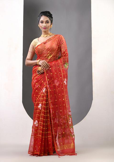 Red Woven Muslin Saree Set