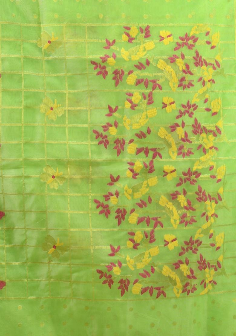 Light Green Woven Muslin Saree Set - Indya