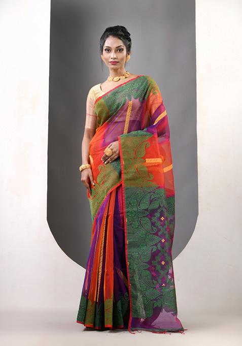Multicolor Woven Muslin Saree Set