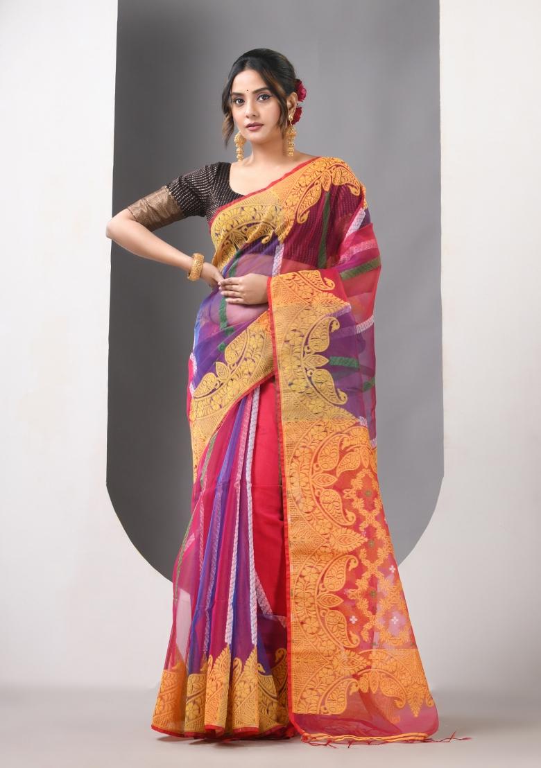 Multicolor Woven Muslin Saree Set