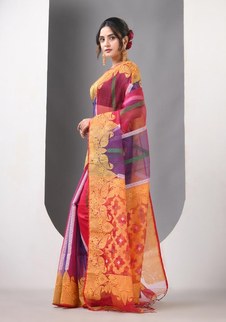 Multicolor Woven Muslin Saree Set