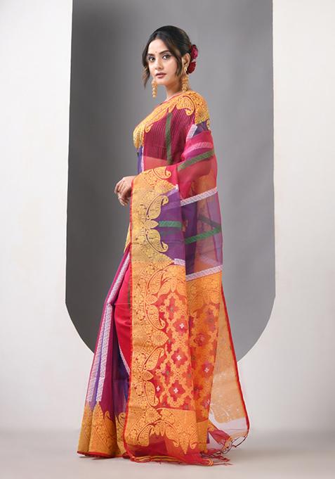 Multicolor Woven Muslin Saree Set