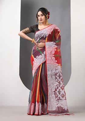 Multicolor Woven Muslin Saree Set