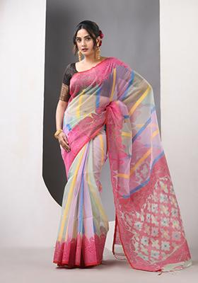 Multicolor Woven Muslin Saree Set