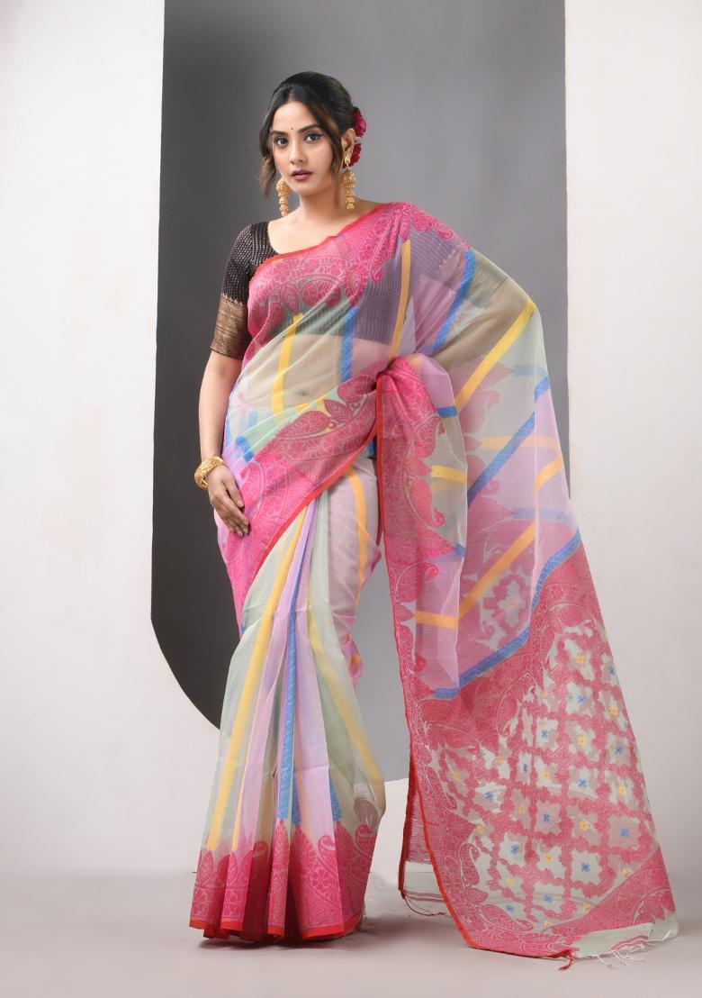 Multicolor Woven Muslin Saree Set