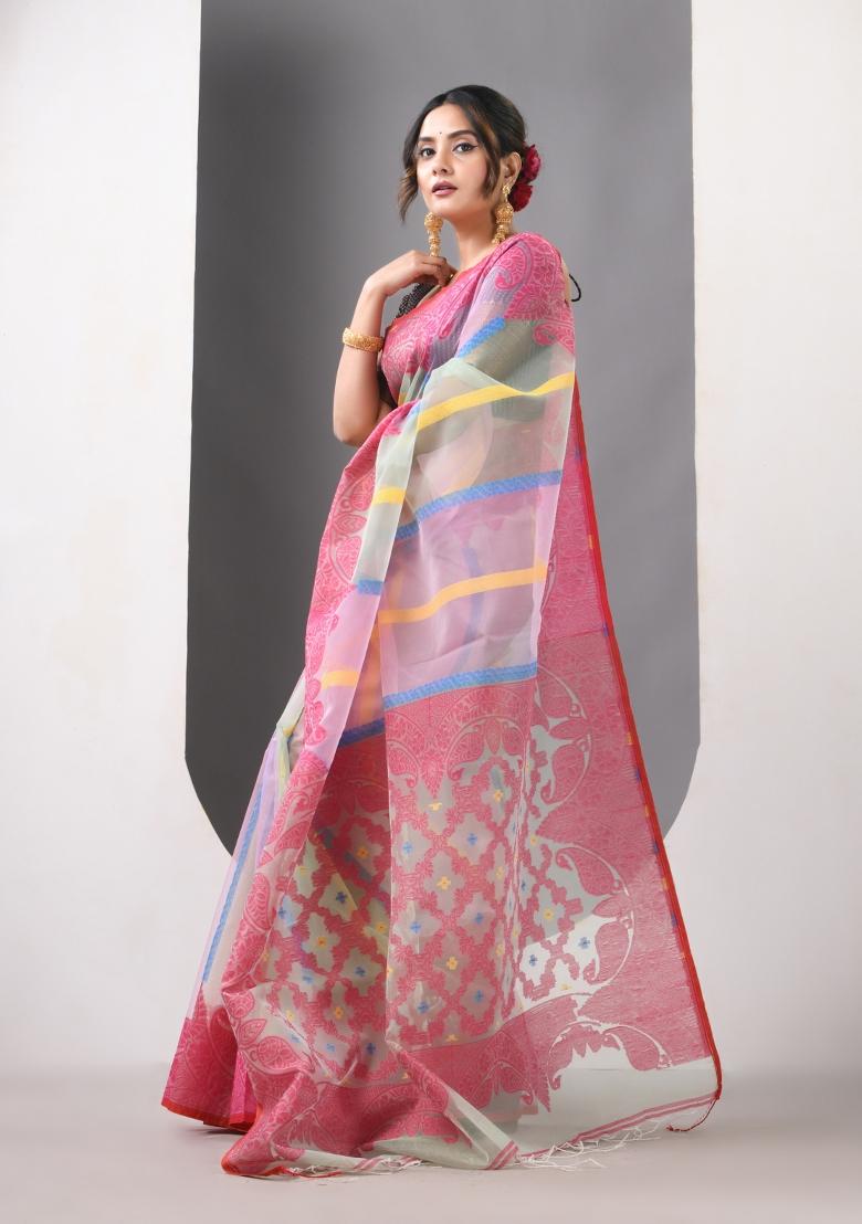 Multicolor Woven Muslin Saree Set