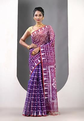 Violet Woven Muslin Saree Set