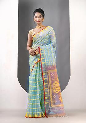 Mint Green Woven Muslin Saree Set