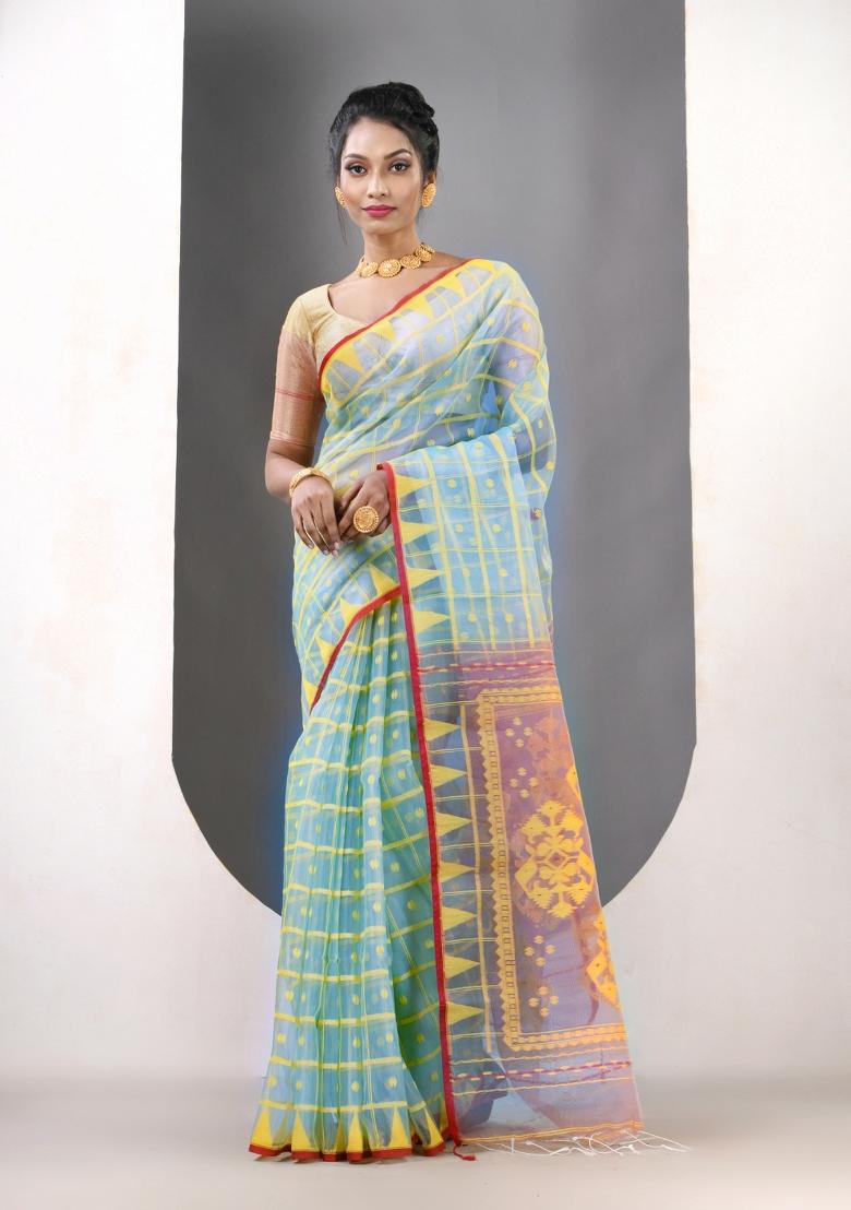 Mint Green Woven Muslin Saree Set