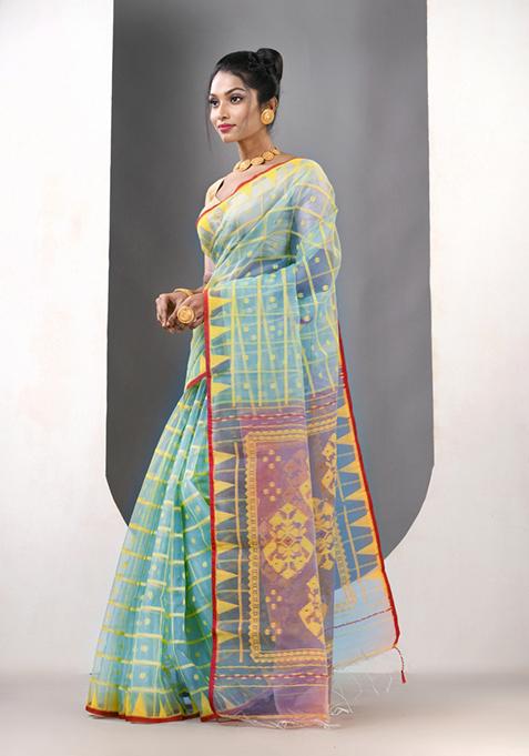 Mint Green Woven Muslin Saree Set