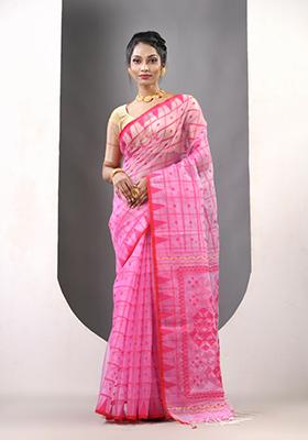 Pink Woven Muslin Saree Set