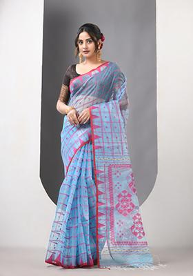 Sky Blue Woven Muslin Saree Set