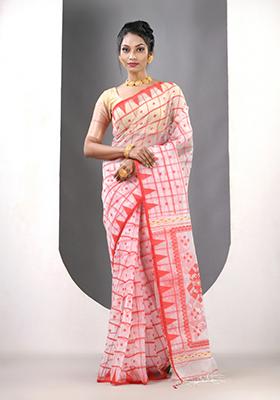 White Woven Muslin Saree Set