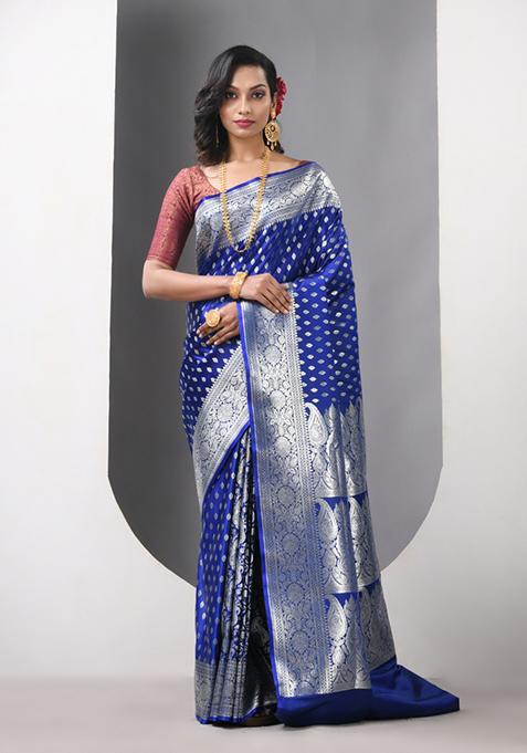 Blue Zari Work Silk Saree Set
