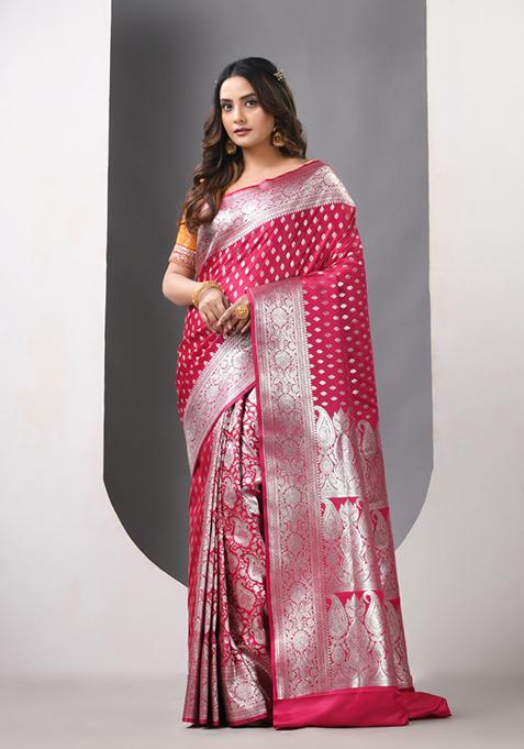 Pink Zari Work Silk Saree Set