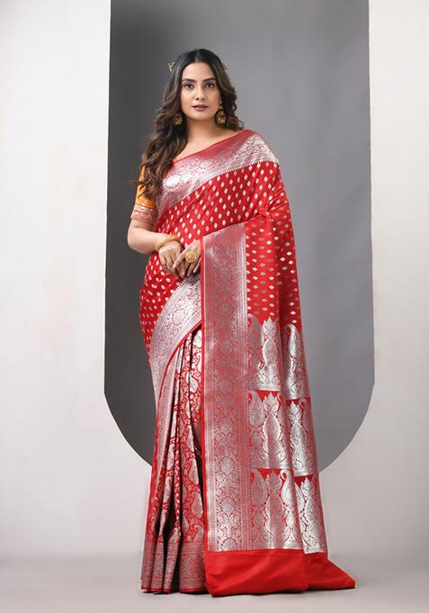 Red Zari Work Silk Saree Set