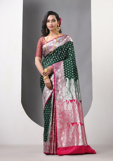 Bottle Green Zari Work Silk Saree Set