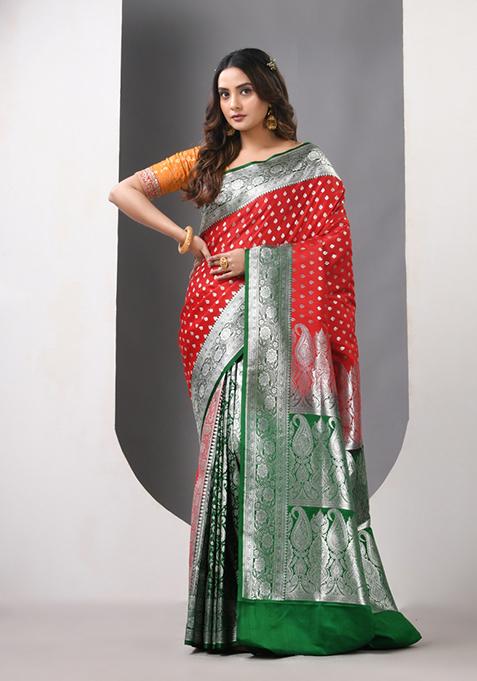 Red Zari Work Silk Saree Set