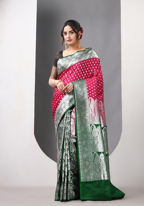 Fuchsia Pink Zari Work Silk Saree Set