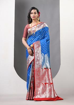 Sky Blue Red Zari Work Silk Saree Set