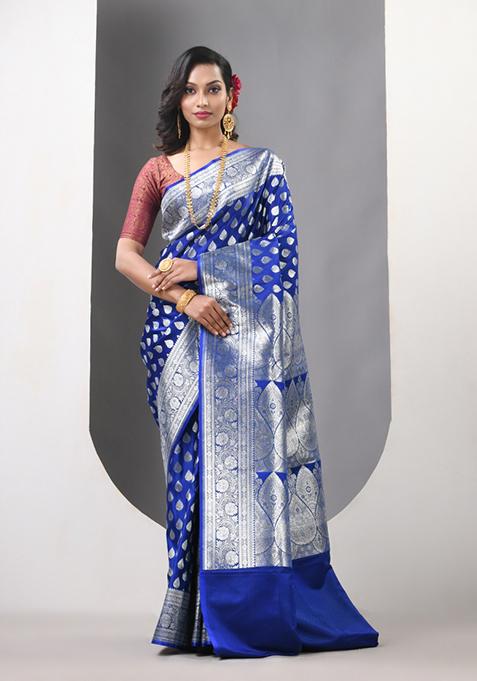 Blue Zari Work Silk Saree Set