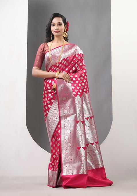 Pink Zari Work Silk Saree Set