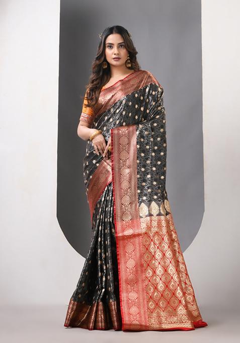 Charcoal Grey Zari Work Silk Saree Set
