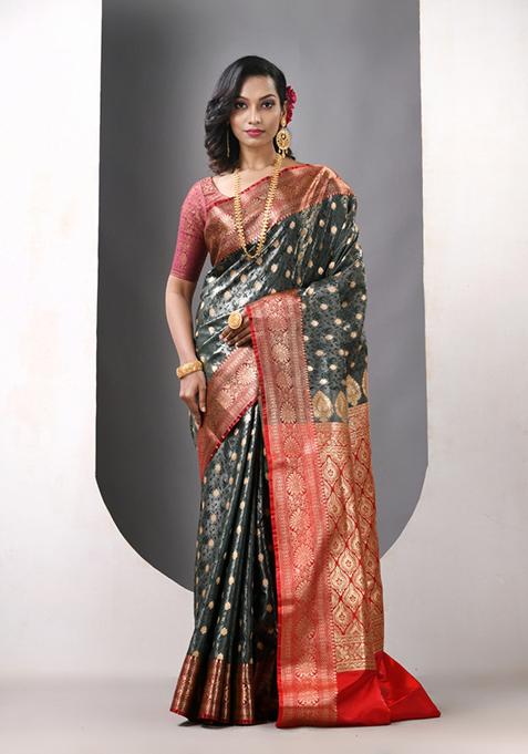 Bottle Green Zari Work Silk Saree Set