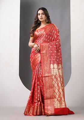 Red Zari Work Silk Saree Set