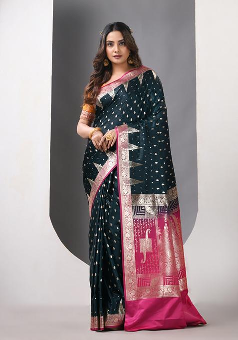 Teal Blue Zari Work Silk Saree Set