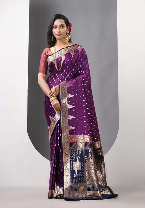 Purple Zari Work Silk Saree Set