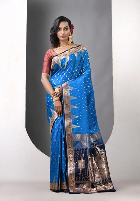 Sky Blue Zari Work Silk Saree Set