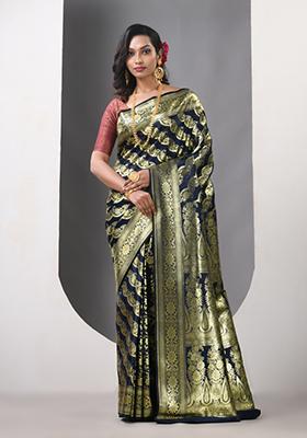 Navy Blue Zari Work Silk Saree Set