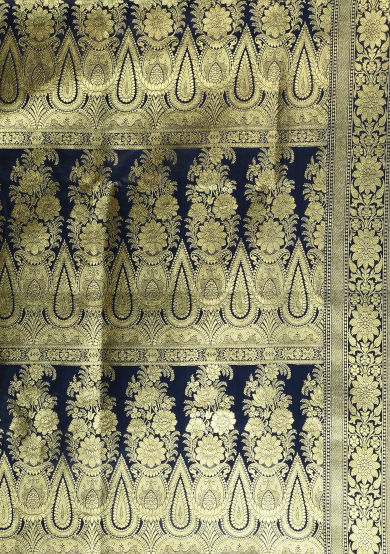 Navy Blue Zari Work Silk Saree Set - Indya