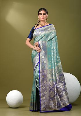 Teal Blue Zari Work Silk Saree Set