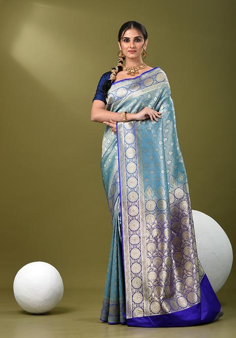 Sky Blue Zari Work Silk Saree Set