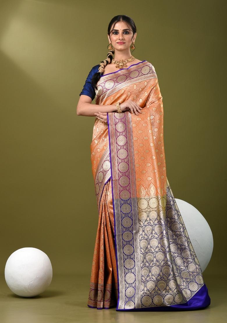 Orange Zari Work Silk Saree Set