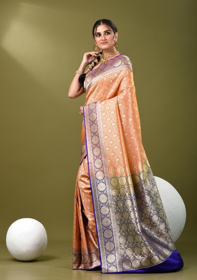 Orange Zari Work Silk Saree Set