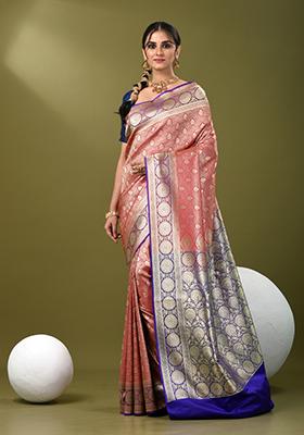 Fuchsia Pink Zari Work Silk Saree Set