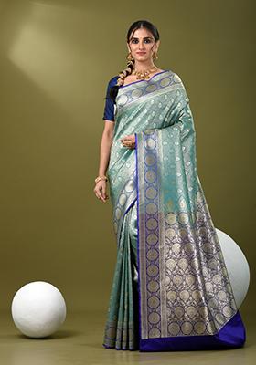 Teal Blue Zari Work Silk Saree Set
