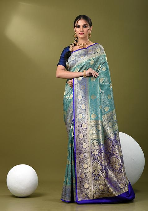 Teal Blue Zari Work Silk Saree Set