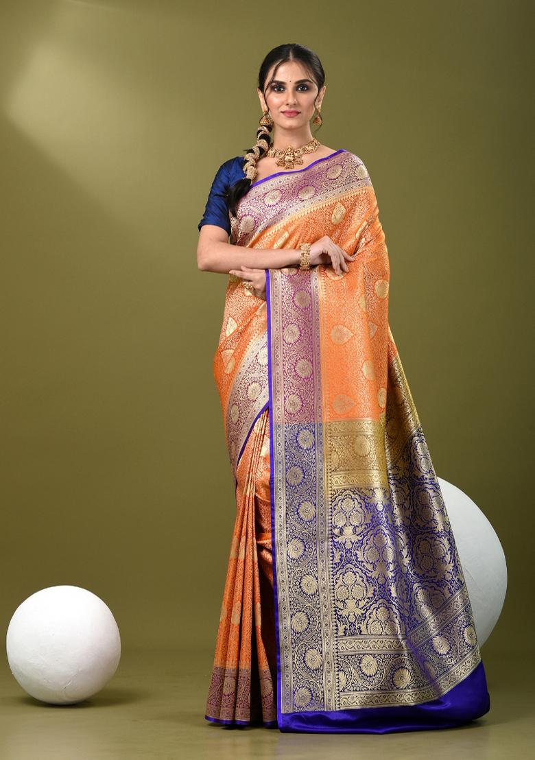 Orange Zari Work Silk Saree Set