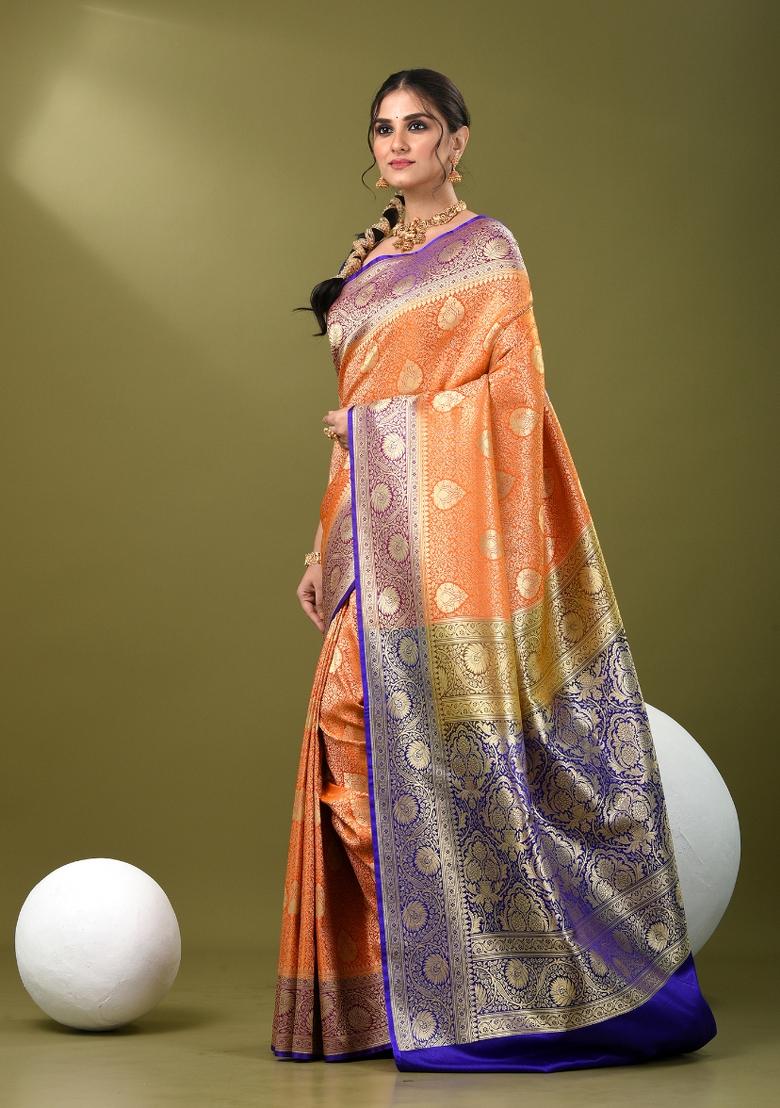 Orange Zari Work Silk Saree Set