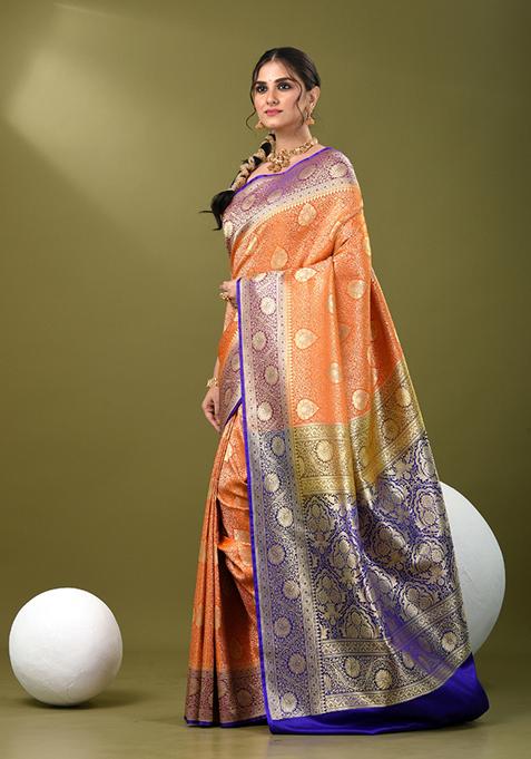 Orange Zari Work Silk Saree Set