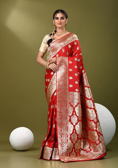 Red Zari Work Silk Saree Set