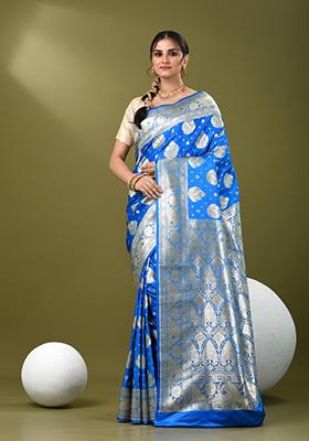 Sky Blue Zari Work Silk Saree Set