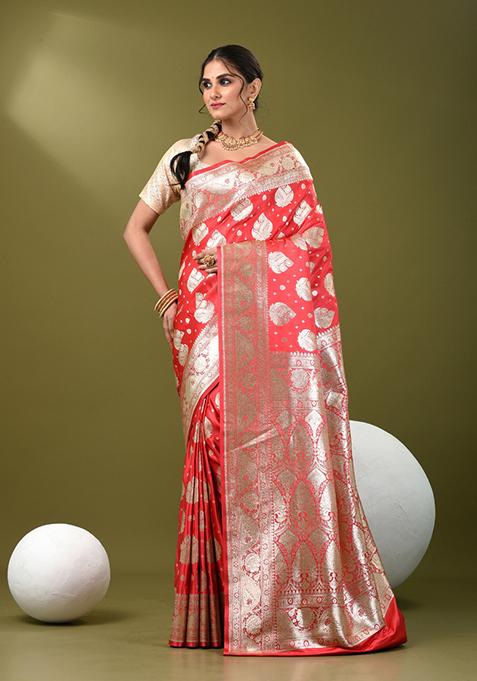 Watermelon Pink Zari Work Silk Saree Set
