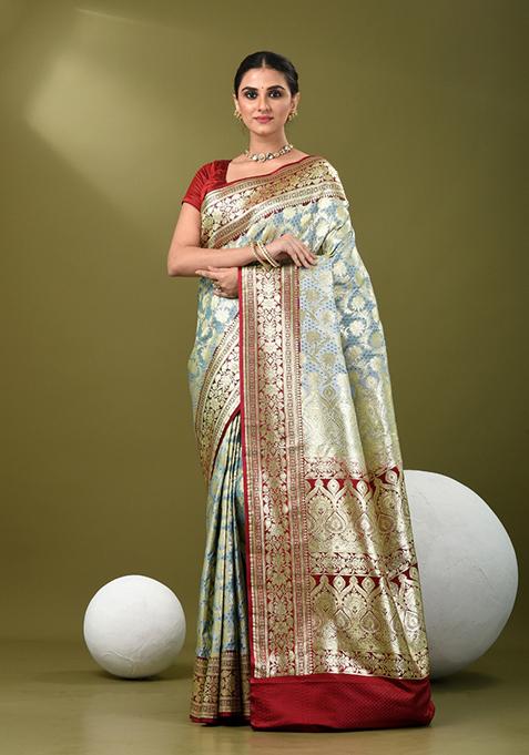 Light Teal Zari Work Silk Saree Set